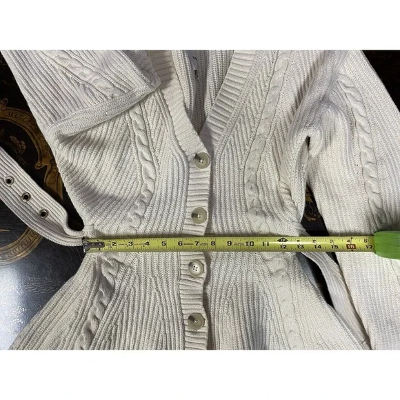 Anthropologie Maeve Cream Cableknit Peplum Belted Cardigan Cozy Career Classic M - Picture 9 of 12